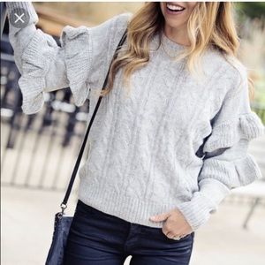 WAYF gray cable knit sweater ruffle sleeves long sleeve crew neck